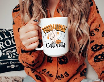 Taza de Halloween con diseño de gato, regalo divertido de Halloween para fanáticos del terror paranormal, taza de Halloween espeluznante, taza de esqueleto de gato brujo, temática de Halloween, caza de fantasmas