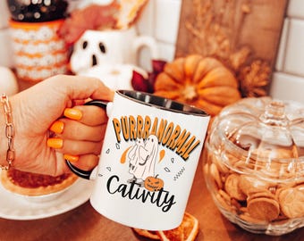 Taza de Halloween con diseño de gato, regalo divertido de Halloween para fanáticos del terror paranormal, taza de Halloween espeluznante, taza de esqueleto de gato brujo, temática de Halloween, caza de fantasmas
