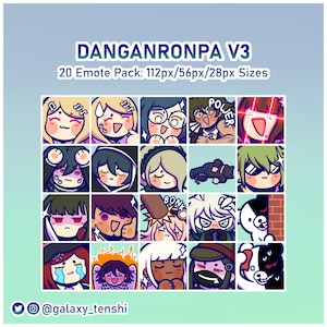 Op de afbeelding: Een digitale kunstprint met 20 Danganronpa V3 emotes met diverse uitdrukkingen. De emotes zijn gerangschikt in een raster, met de tekst "DANGANRONPA V3" en "20 Emote Pack: 112px/56px/28px Sizes" bovenaan. De social media handle van de artiest staat onderaan.
