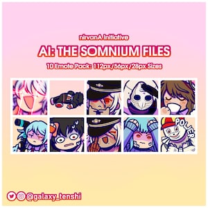 May include: A promotional image for "AI: The Somnium Files" featuring a collection of ten unique emote designs. The text includes "nirvana Initiative" and "10 Emote Pack: 112px/56px/28px Sizes". The image also displays the social media handle "@galaxy_tenshi".