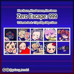 May include: A digital art graphic with the text "Nine Hours, Nine Persons, Nine Doors Zero Escape: 999". It features 10 character emotes, each in a square frame. The text "NO BITCHES?" is visible in one of the emotes.