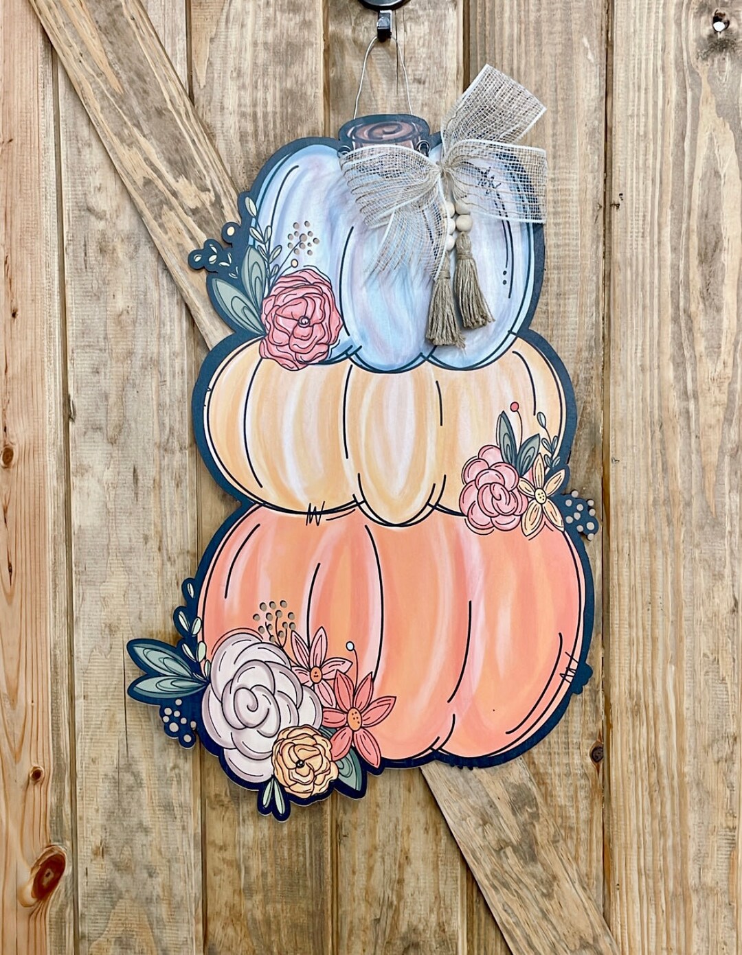 Stacked Pumpkin Door Hanger Fall Door Decor Floral Door Etsy