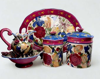 Fioriware Hand Painted Art Pottery 5 Piece Set Plus Lids Glazed Ceramic Vintage