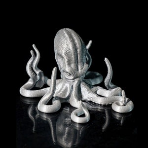 May include: A silver 3D printed octopus figurine with eight tentacles. The octopus is sitting on a black surface and its reflection is visible.