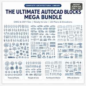 Könnte beinhalten: Eine digitale Sammlung mit dem Titel The Ultimate AutoCAD Blocks Mega Bundle, die blaue Strichzeichnungen von Menschen, Fahrzeugen, Bäumen, Pflanzen, Möbeln und Büroausstattung zeigt. Enthält DWG- und DXF-Dateiformate für 2D-Pläne.