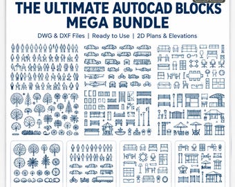 Può includere: Una collezione digitale intitolata The Ultimate AutoCAD Blocks Mega Bundle, con icone a linee blu di persone, veicoli, alberi, piante, mobili e attrezzature per ufficio. Include formati di file DWG e DXF per piante e prospetti 2D.