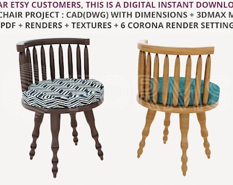 May include: Two wooden chairs with a curved back and turned legs. The chair on the left has a black and white patterned cushion. The chair on the right has a teal cushion.  DEAR ETSY CUSTOMERS, THIS IS A DIGITAL INSTANT DOWNLOAD! BALE CHAIR PROJECT: CAD(DWG) WITH DIMENSIONS + 3DMAX MODEL + PDF + RENDERS + TEXTURES + 6 CORONA RENDER SETTINGS UNIQ DESIGN BY FORMS