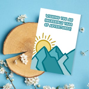 Cartão de aniversário imprimível para amigos ao ar livre, cartão de aventura de aniversário, acampamento, cartão de aniversário com montanhas, natureza, comemoração