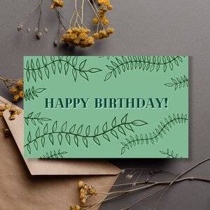 Cartão de aniversário imprimível, moderno, simples, para ela, videira verde e folhas, cartão de aniversário, natureza, floral, cartão de aniversário, planta