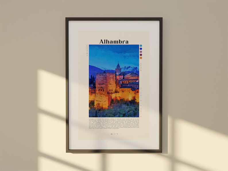 Puede incluir: Una impresi&oacute;n enmarcada del palacio de la Alhambra en Granada, Espa&ntilde;a. La imagen es una pintura de acuarela del palacio al atardecer, con un cielo azul y naranja vibrante. El texto "Alhambra" est&aacute; impreso en negro en la parte superior de la impresi&oacute;n.