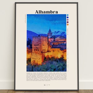 Puede incluir: Una pintura de acuarela del palacio de la Alhambra en Granada, Espa&ntilde;a. El palacio es un complejo de edificios con una mezcla de tonos rojos, naranjas y amarillos. El texto "Alhambra" est&aacute; en la parte superior de la imagen, y una descripci&oacute;n del palacio est&aacute; debajo de la imagen.