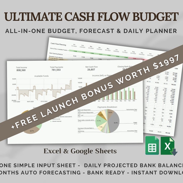 Cashflow Budget Spreadsheet for Google Sheets or Excel Cash Flow Forecast Template, Business Spending Tracker, Money Planner, Monthly Budget