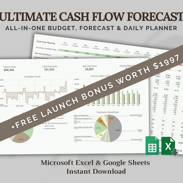Cashflow-Prognose-Tabelle für Excel oder Google Sheets (All-in-One-Cashflow-Budget, Planer, Tracker und Prognosevorlage für Unternehmen)