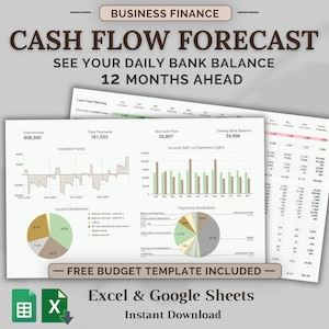 Könnte beinhalten: Eine Cashflow-Prognosevorlage für Excel und Google Sheets. Das Dokument enthält Diagramme und Tabellen, die Einnahmen, Ausgaben und Kontostände über 12 Monate anzeigen. Der Text umfasst Business Finance, Cash Flow Forecast, See Your Daily Bank Balance 12 Months Ahead und Free Budget Template Included.