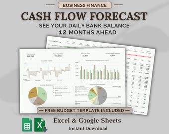12-Month Business Cash Flow Forecast Spreadsheet | Daily Bank Balance Planner (Excel & Google Sheets)
