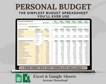 May include: A laptop screen displays a personal budget spreadsheet with columns for income and living expenses, featuring a dropdown menu for frequency selection. Text reads: PERSONAL BUDGET, THE SIMPLEST BUDGET SPREADSHEET YOU'LL EVER USE, FREE DEBT PAY-OFF TEMPLATE INCLUDED, Excel & Google Sheets Instant Download.