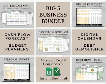 Big 5 Business Spreadsheet Bundle | Cash Flow Forecast, Budget Planners, Debt Tracker, Digital Calendar | Excel & Google Sheets Templates