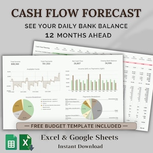 12-Month Business Cash Flow Forecast Spreadsheet | Daily Bank Balance Planner (Excel & Google Sheets)