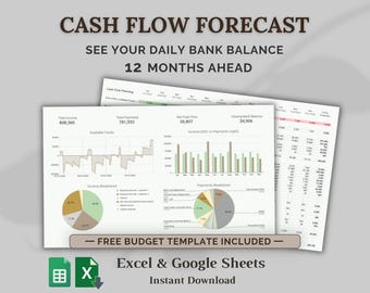 12-Month Business Cash Flow Forecast Spreadsheet | Daily Bank Balance Planner (Excel & Google Sheets)