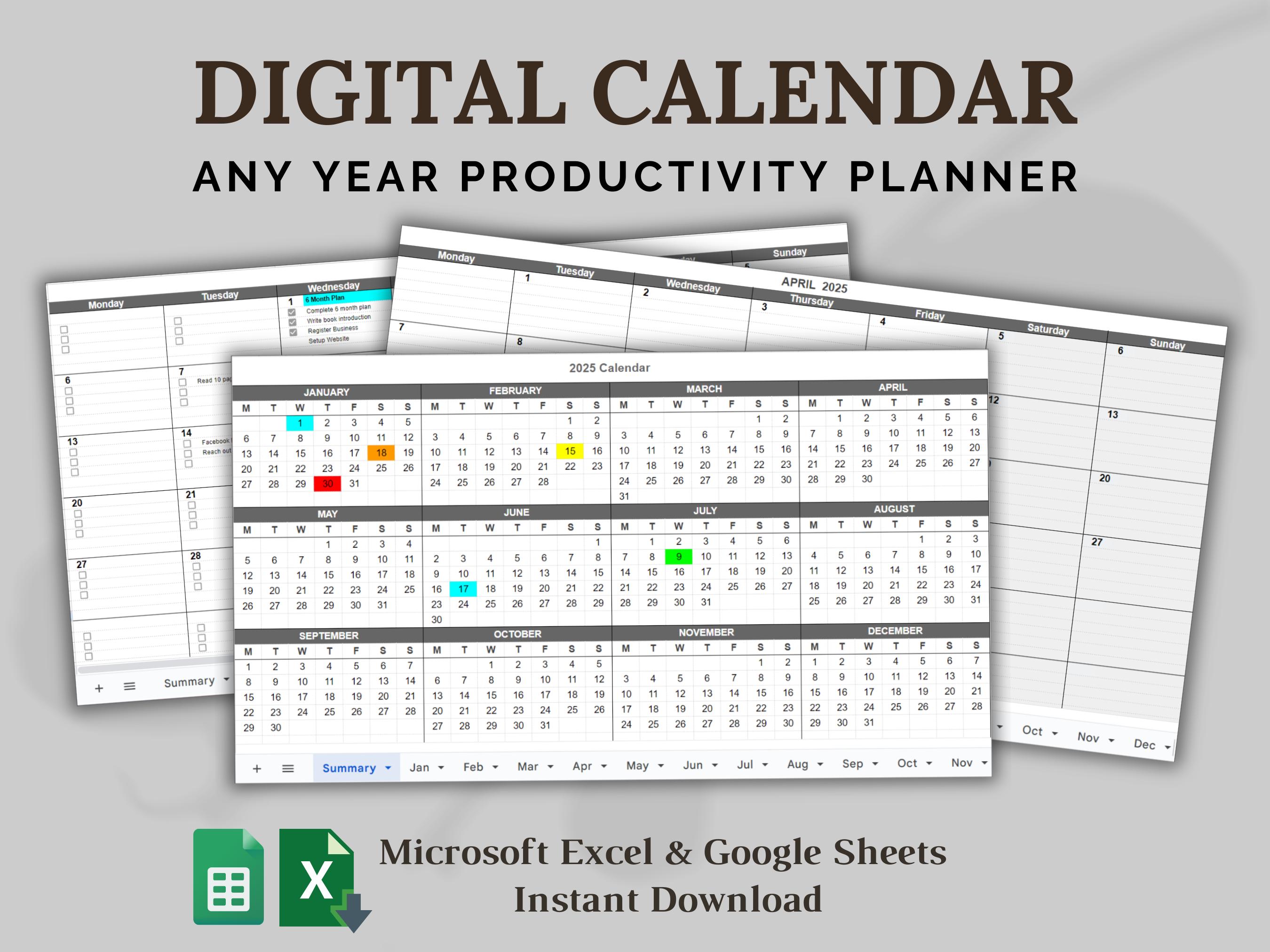 Digital Calendar Spreadsheet for Excel or Google Sheets, Any Year Productivity Online Calendar Planner Template, Undated Monthly Calendar
