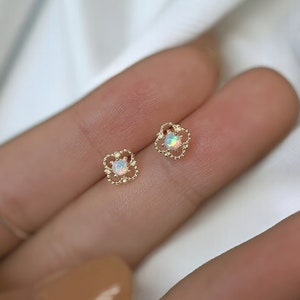 Opal Stud Earrings in Sterling Silver, White Fire Opal Earrings, 18K Gold Earring Studs, Small Stud Earrings, Dainty Earrings Gift For Her