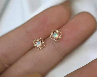 Opal Stud Earrings in Sterling Silver, White Fire Opal Earrings, 18K Gold Earring Studs, Small Stud Earrings, Dainty Earrings Gift For Her