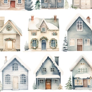 Christmas Village Clipart, Watercolor Winter Village Clipart, Village Clipart, Winter Houses Clipart, PNG Images, Instant Download
