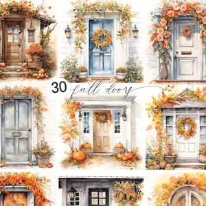 Fall Doors Clipart, Fall Watercolor Doors Clipart, Fall Porch Clipart, Thanksgiving Doors Clip Art, PNG, Digital Download