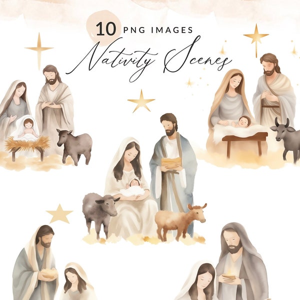 Watercolor Nativity Clipart, Modern Nativity Scene PNG, Christmas Nativity PNG Clipart, Commercial Use, Instant Download