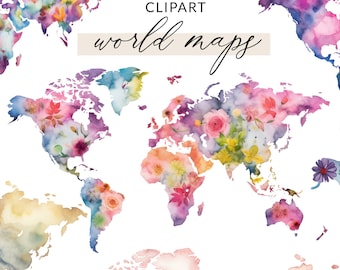 Clipart de carte du monde téléchargeable, fleur carte du monde Clipart Floral, carte du monde imprimable PNG, aquarelle carte du monde Clipart, utilisation commerciale
