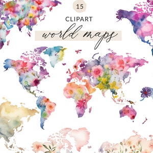 Downloadable World Map Clipart, Flower World Map Clipart Floral, Printable World Map PNG, Watercolor World Map Clipart, Commercial Use
