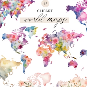 Downloadable World Map Clipart, Flower World Map Clipart Floral, Printable World Map PNG, Watercolor World Map Clipart, Commercial Use