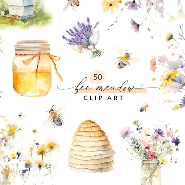 50 Honey Bee Clip Art, Watercolor Bee Clipart Set, Honey Clipart, Bee Clipart PNG Images, Bee Clip Art, Commercial License, INSTANT DOWNLOAD