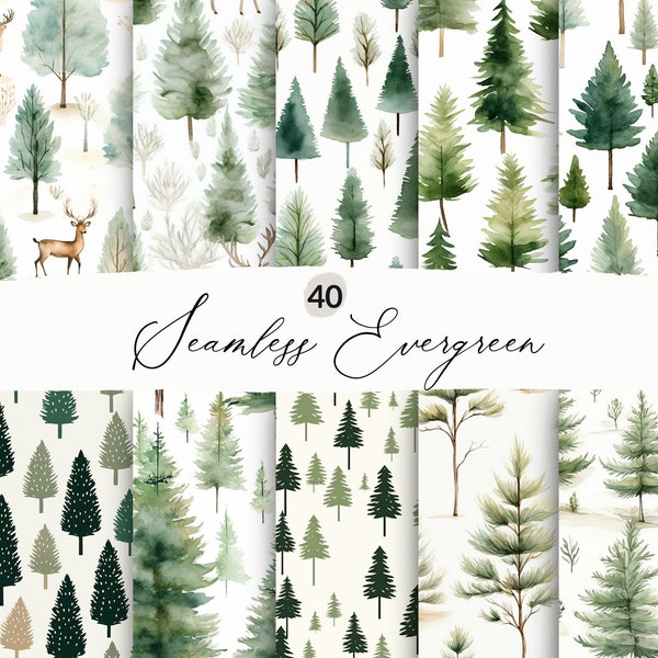 Seamless Evergreen Trees Patterns, Seamless Forest Background, Seamless Pine Trees, Digital Scrapbooking, Fabric Design, Commercial Use