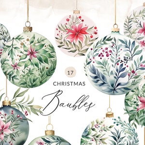 17 Watercolor Christmas Bauble Clipart, Watercolor Christmas Ornament Clip Art, Boho Christmas Ornament Clipart, Floral Bauble Ornaments