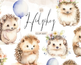 Conjunto de imágenes prediseñadas de erizos en acuarela: animales adorables (descarga digital)