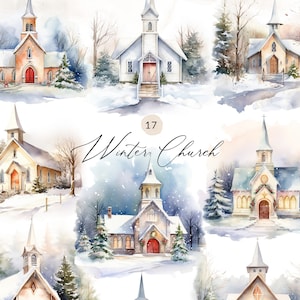 Aquarelle Église Clipart, Scène d’église d’hiver, Clipart d’église de Noël, Chapelle d’hiver, Images PNG d’église d’hiver, Fichiers numériques