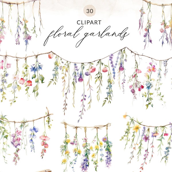 30 Watercolor Garland Clipart, Spring Floral Garland PNG, Watercolor Floral Garland PNG Images, Boho Flower Garland Clipart PNG, Boho Floral