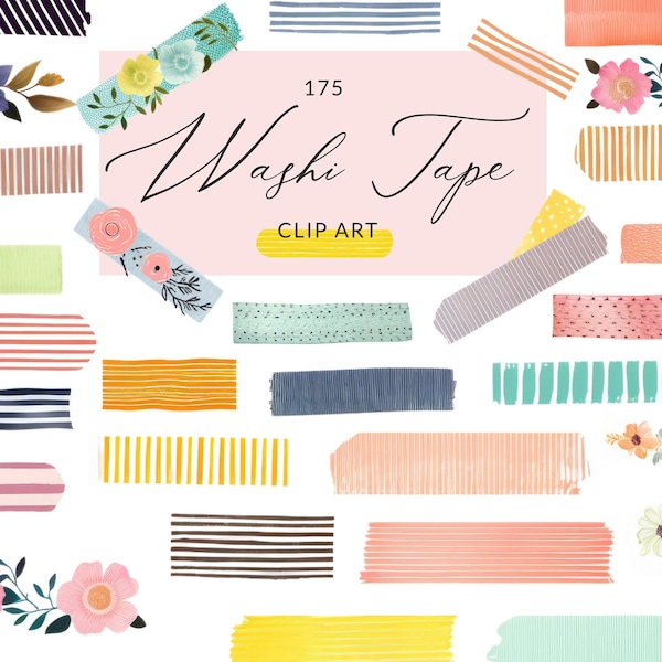Watercolor Washi Tape Clipart Collection, Striped Washi Tape PNG Floral Washi Tape Clipart, Cute Washi Tape Clip Art Set Commercial Use