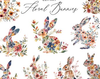 Watercolor Bunny Clipart Set, Painted Spring Bunny Clip Art PNG Images, Rabbit Clip Art, Floral Rabbits Made of Flowers, Flower Bunny