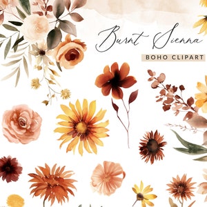 Boho Fall Wedding Clipart, Fall Floral, Fall Wedding, Sienna Flower Clipart Aquarel Fall Floral Clipart, Commercieel Gebruik, Bourgondische Bloemen