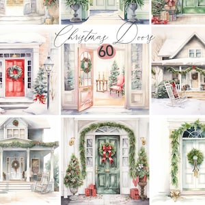 60 kerstdeuren clipart, kerst aquarel clipart, kerst aquarel deuren clip art, PNG, winter clipart, kerst veranda clipart
