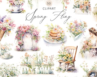 Watercolor Spring Clipart Collection, Spring Clipart Set, Whimsical Spring Clipart PNG Images, Light Watercolor Clipart Spring Collection