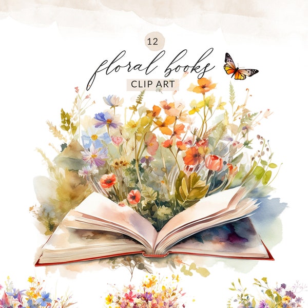 Watercolor Book Flowers Clipart, Watercolor Floral Books Clipart  Watercolor Book With Flowers PNG, Bible Clipart, Commercial Use