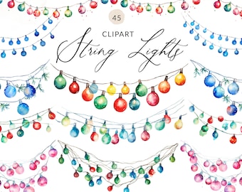Christmas String Lights Clipart, Watercolor Christmas Lights Clipart, Doodle String Christmas Lights, Cute Bistro Lights, PNG Images