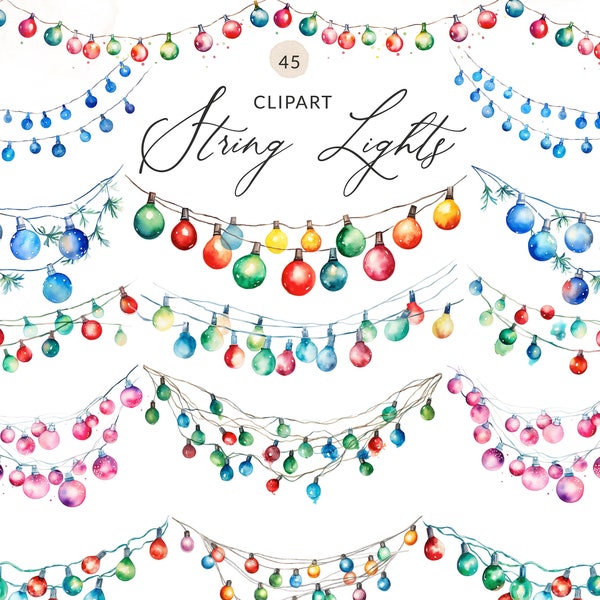 Christmas String Lights Clipart, Watercolor Christmas Lights Clipart, Doodle String Christmas Lights, Cute Bistro Lights, PNG Images