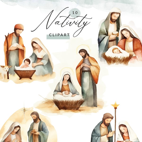 Watercolor Nativity Clipart, Cute Nativity Scene PNG, Christmas Nativity Clipart, Commercial Use, Instant Download