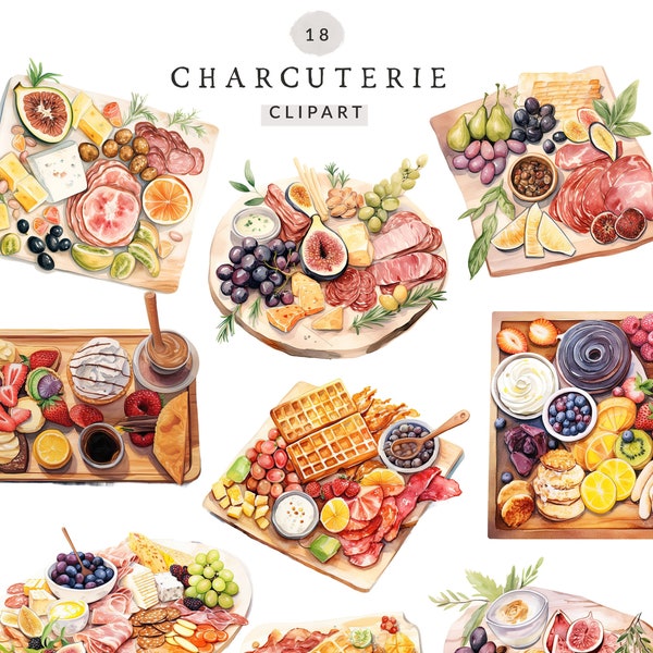 Watercolor Charcuterie Clipart Collection, Watercolor Brunch Clipart Set, Cute Charcuterie Board Clipart, Commercial Use PNG