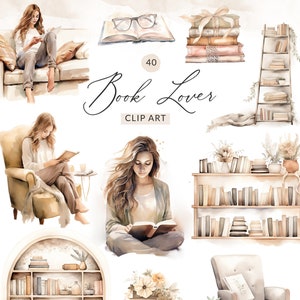Booklover Clipart, Watercolor Books Clipart, Bookshelf Clipart, Watercolor Book Lover Clipart Collection, PNG Images, Commercial Use