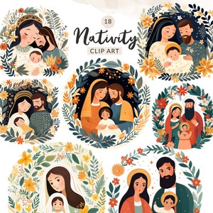 Cute Nativity Clipart, Modern Nativity Scene PNG, Christmas Nativity PNG Clipart, Commercial Use, Mary With Child, Madonna, Digital